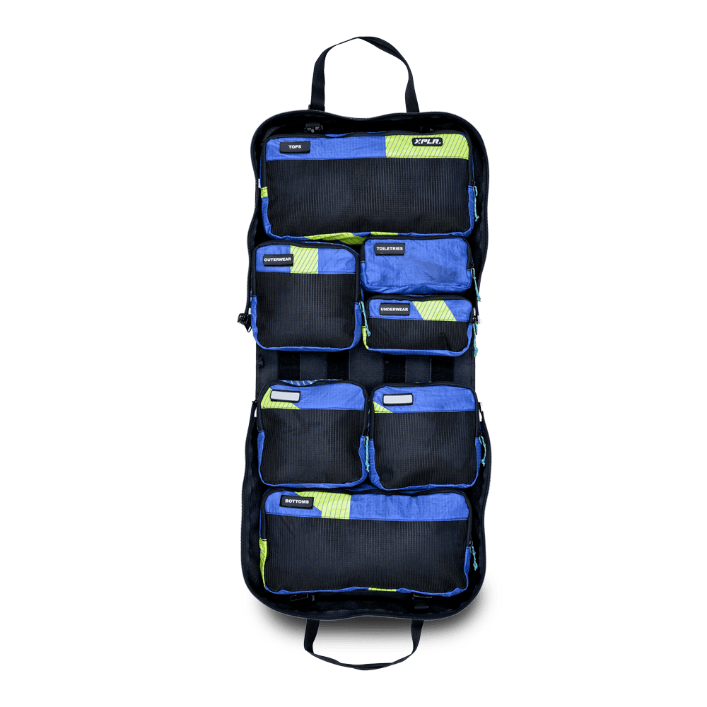 ReKIte Duffel - modular organizer made from reclaimed kite material with colorful blue and green accents