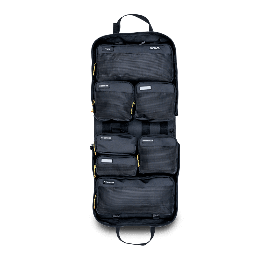 XPLR Duffel - all-black modular hanging organizer with labeled compartments